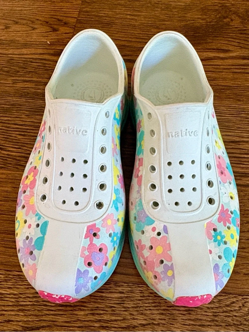 Native Robbie Kids White Floral Slip-On Water Shoes with Multicolor Accents